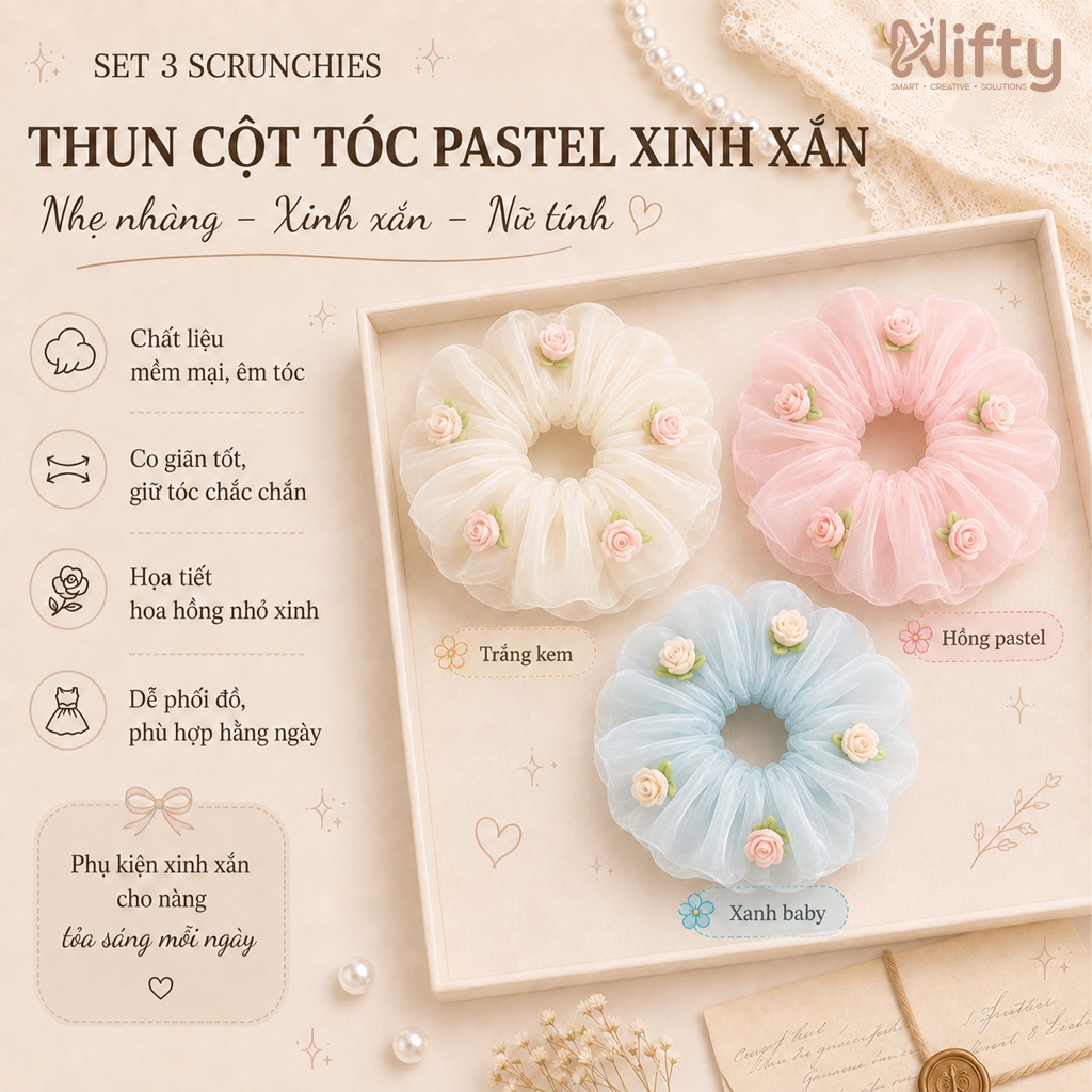 Combo scrunchies buộc tóc/Dây Buộc Tóc Scrunchies Nifty Vải Voan Bồng Bềnh Đính Hoa Hồng Tone Màu Pa