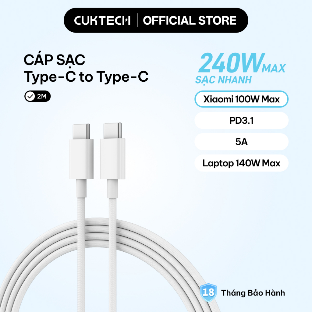 CUKTECH Cáp Sạc Nhanh 240W 5A Type-C to Type-C Hỗ Trợ Xiaomi 100W PD3.1 cho iP16/15, MacBook Samsung