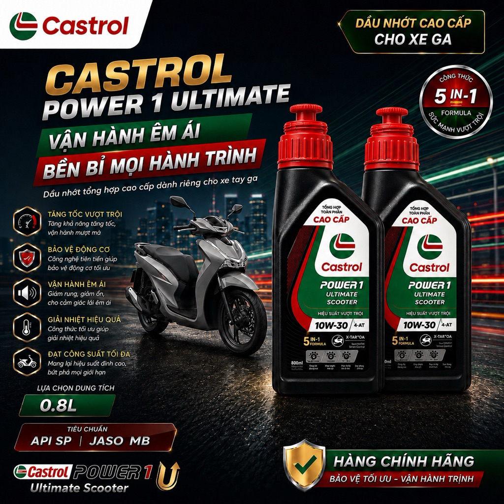 Combo 2 chai dầu nhớt Castrol 10w30 tổng hợp toàn phần xe ga