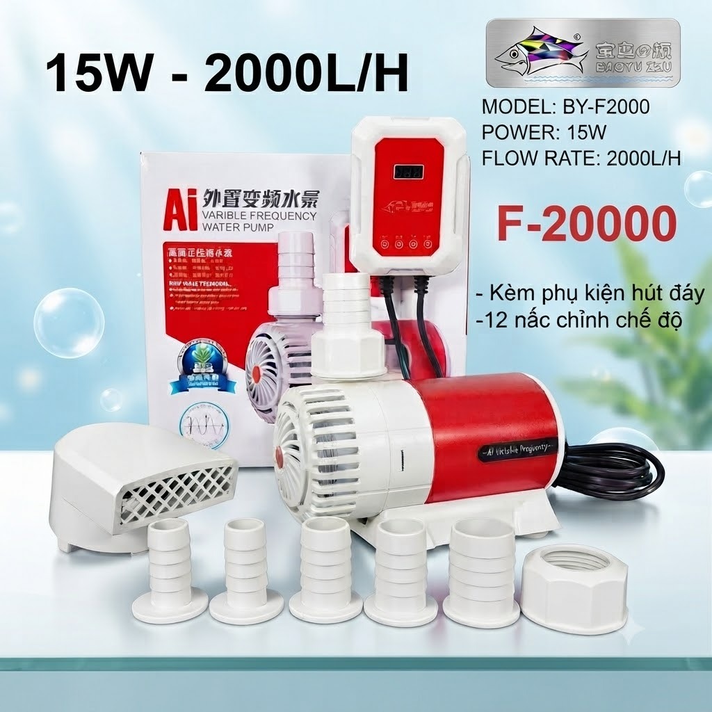 Máy Bơm Baoyu BY-F 2000 (15W, 2000L/H) - Điều Khiển 12 Cấp Độ, Cảm Biến Chống Cạn, Siêu Êm