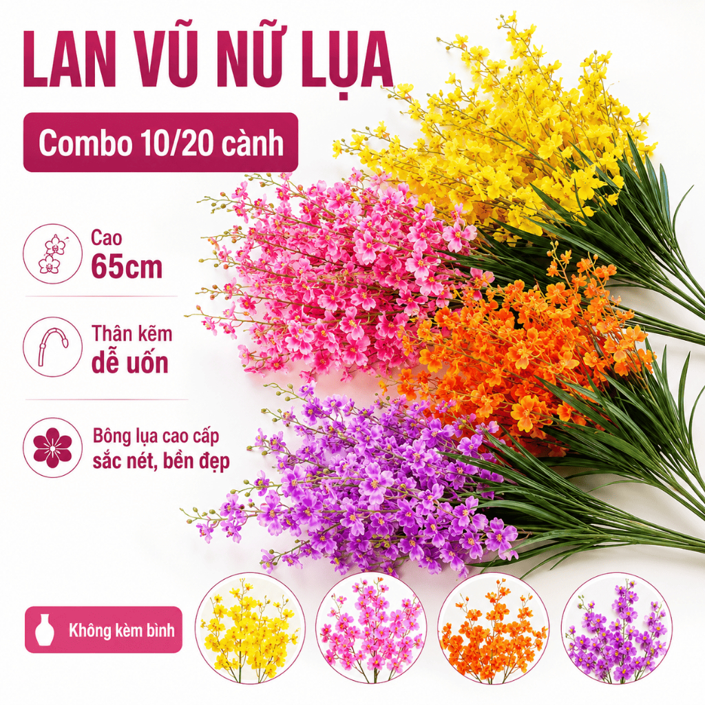 Combo 10/20 cành lan vũ nữ lụa cao 65cm không kèm bình, thân kẽm uốn decor nhà cửa văn phòng