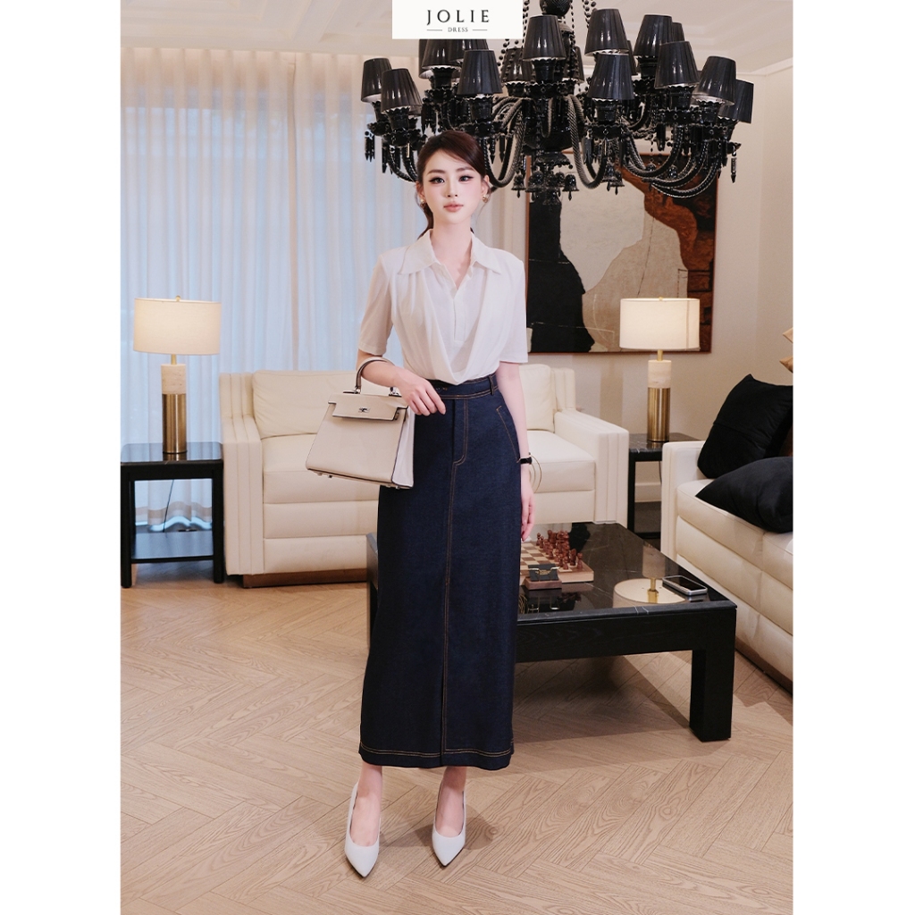 Set Váy Công Sở Nữ Thanh Lịch JOLIE Áo Sơ Mi Ngắn Tay Phối Chân Váy Dài Ôm Xẻ Tà Tôn Dáng Sang Chảnh