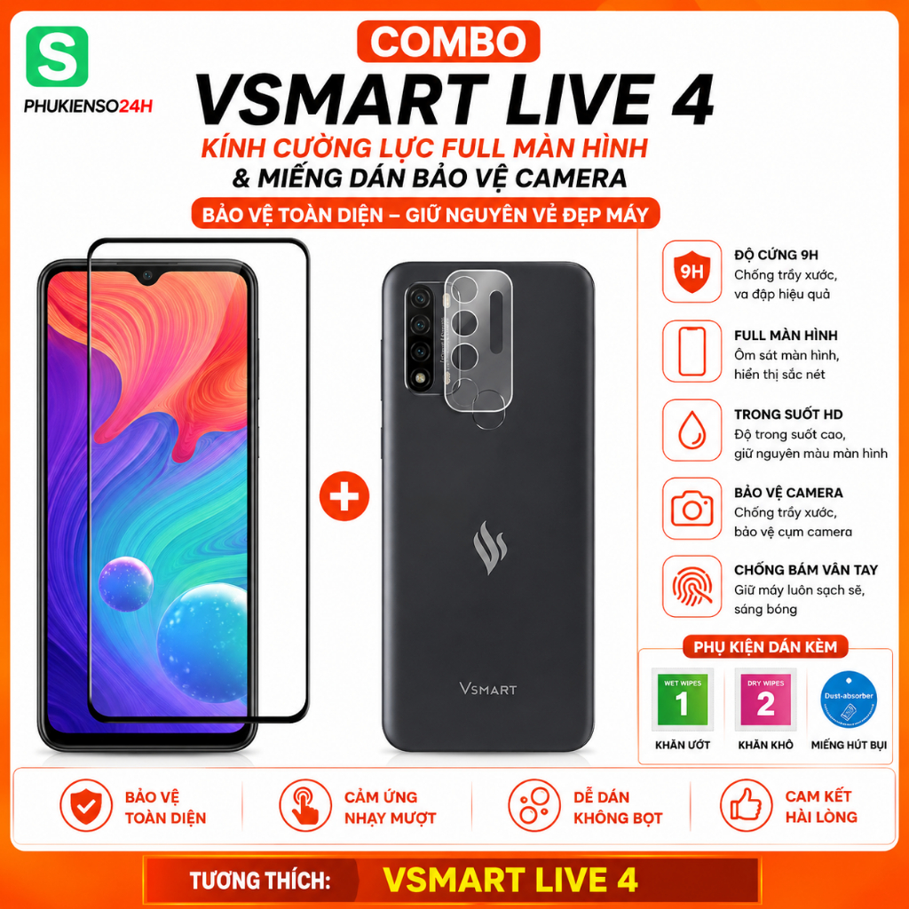 Combo Kính Cường Lực Vsmart Live 4 Full Màn Hình & Miếng Dán Bảo Vệ Camera Live 4