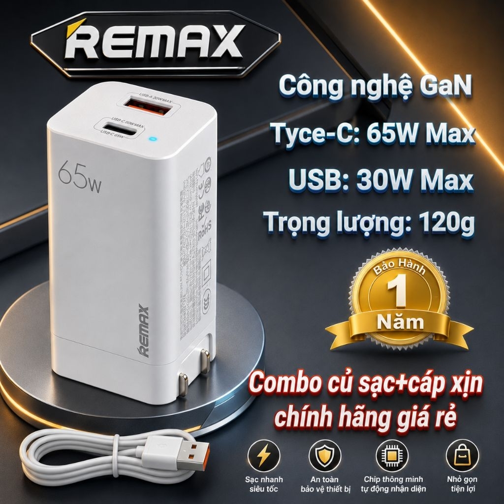 Củ sạc siêu nhanh 65W  Remax RP-U98 cổng USB-A và Type-C