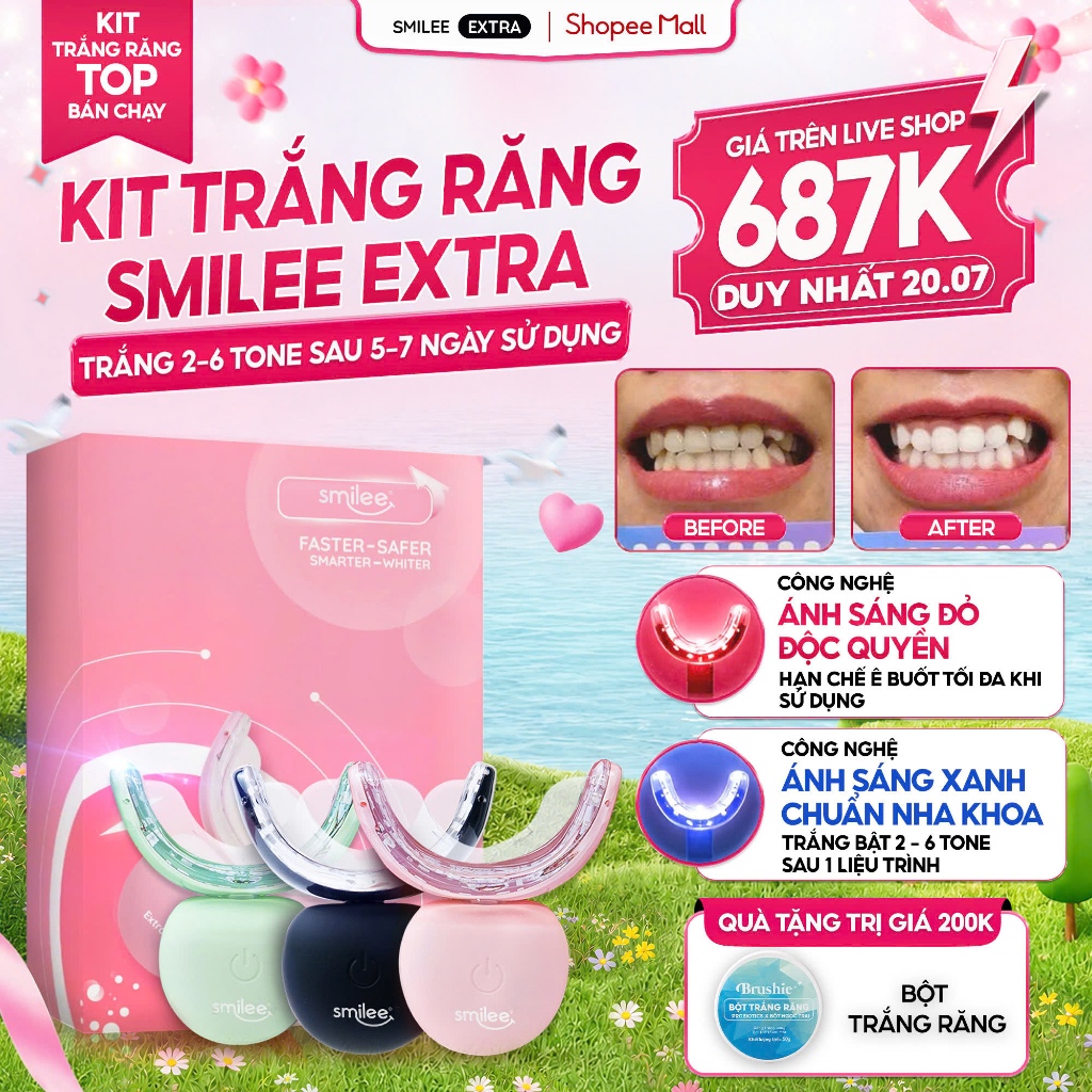 [GIÁ 705K TẠI LIVE SHOP] Bộ Kit Trắng Răng Smilee Extra, Làm Trắng Răng Bật 2-6 Tone Tại Nhà Phiên B