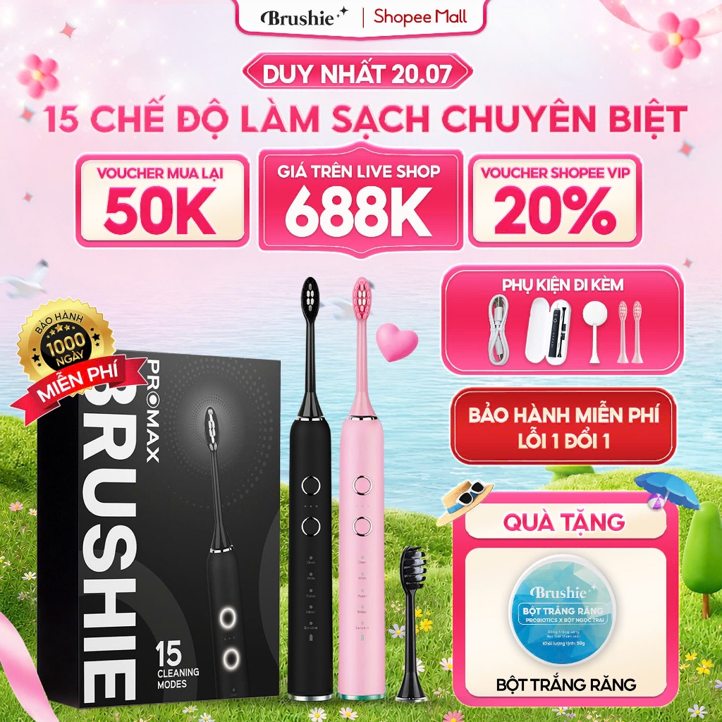 Bàn chải điện Brushie Promax tích hợp 15 chế độ làm sạch, Làm sạch sâu SVIP, LIS