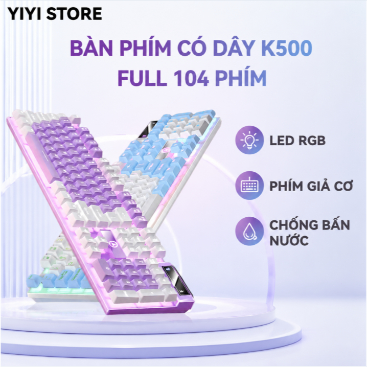 Bàn phím giả cơ K500 104 phím, đèn LED RGB, chống nước, chơi game & văn phòng