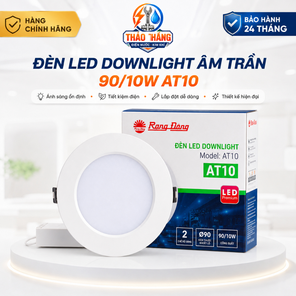 Đèn LED Âm Trần Rạng Đông AT04 90/10W 10W Khoét Lỗ 90mm, Đèn Downlight Trắng Vàng Chính Hãng