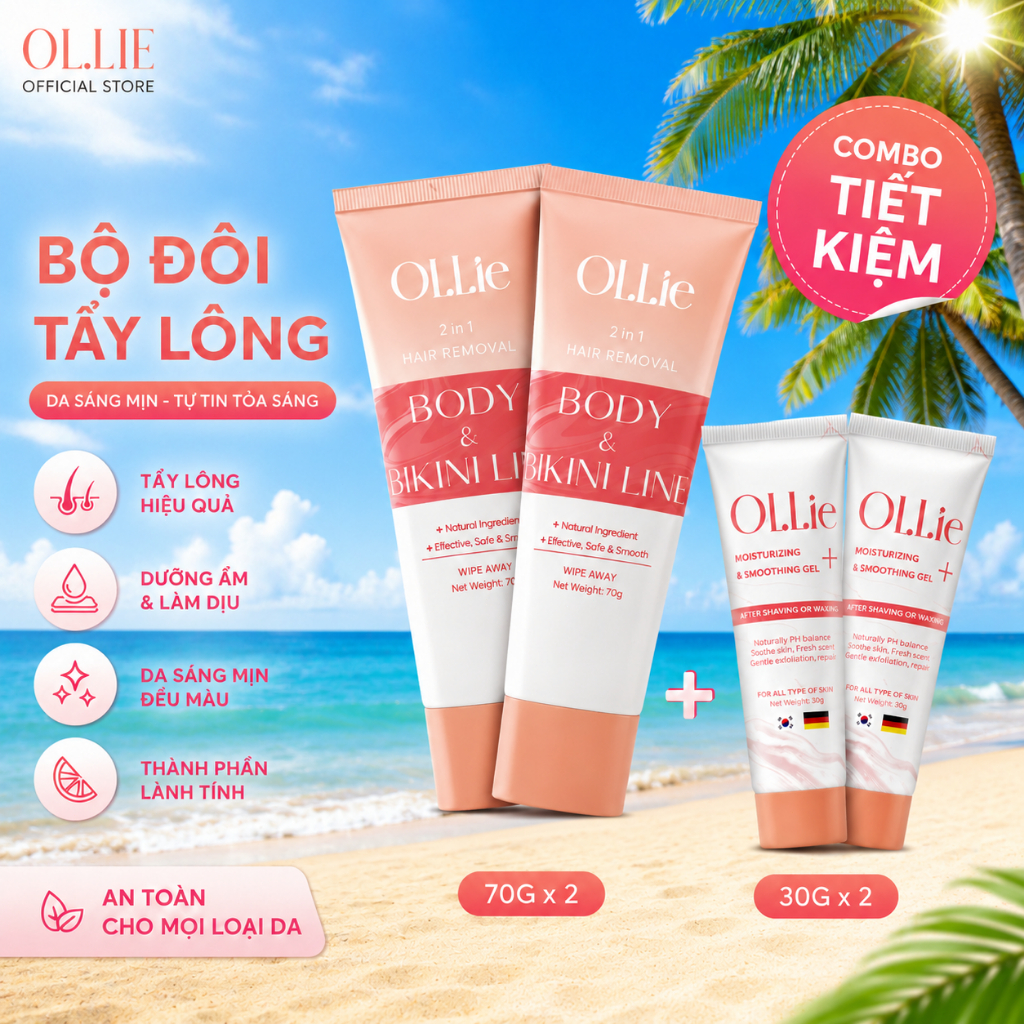 Combo 2 kem tẩy lông Ollie + 1 kem dưỡng da làm chậm quá trình mọc lông Ollie