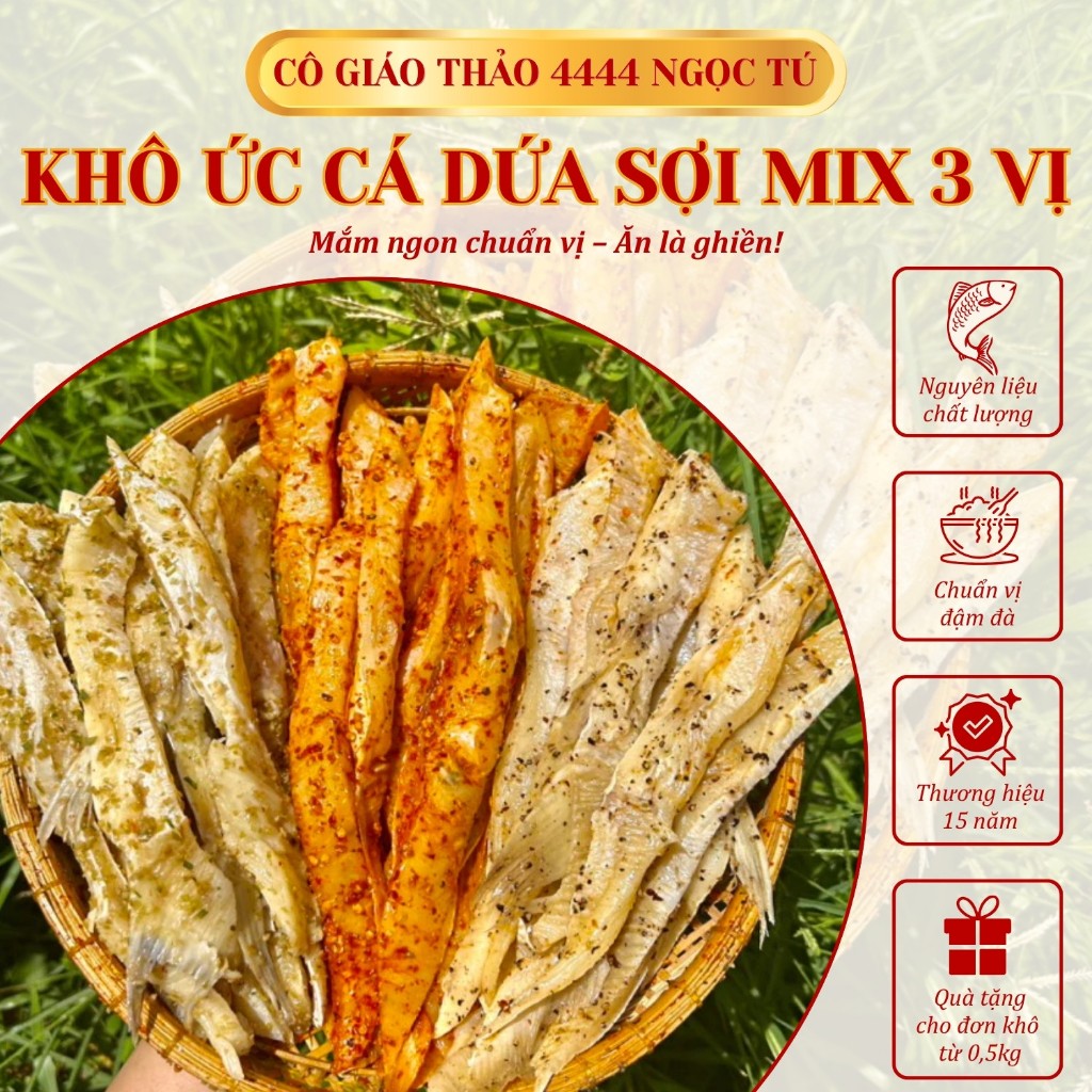 KHÔ ỨC CÁ DỨA SỢI MIX 3 VỊ ( tiu tỏi+ xã tỏi+ ớt chuông)