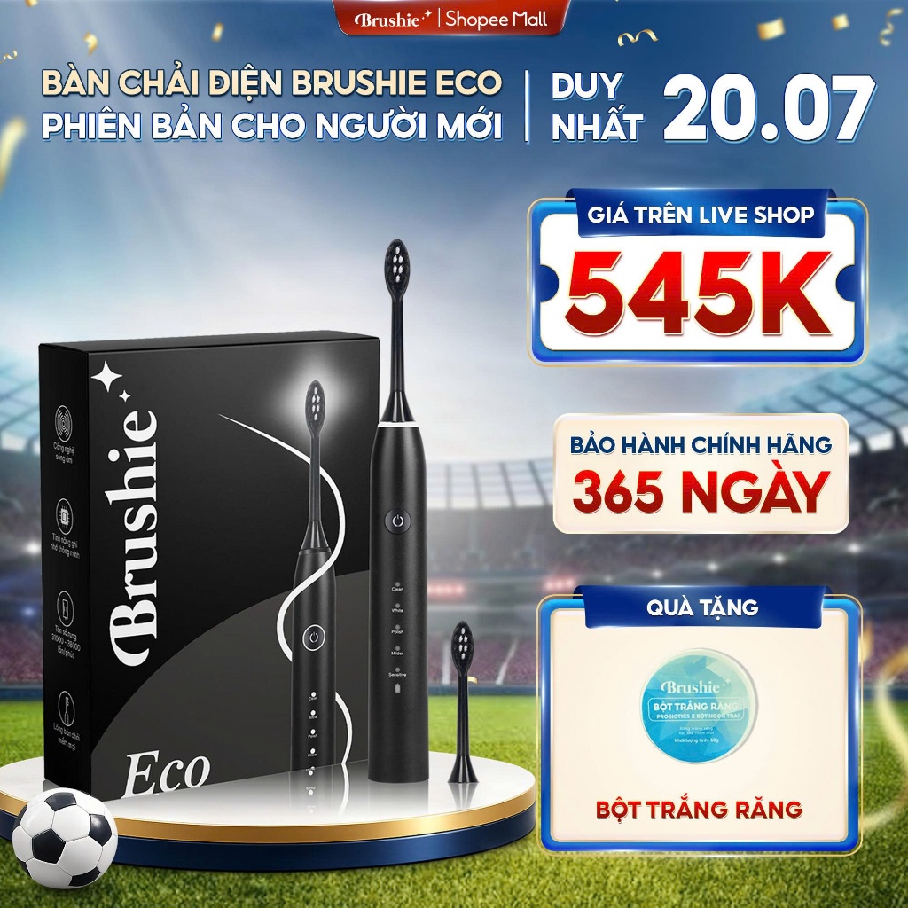 [GIÁ 545k TẠI LIVE SHOP] Bàn chải điện Brushie Eco chính hãng phiên bản tiết kiệm với 5 chế độ làm s