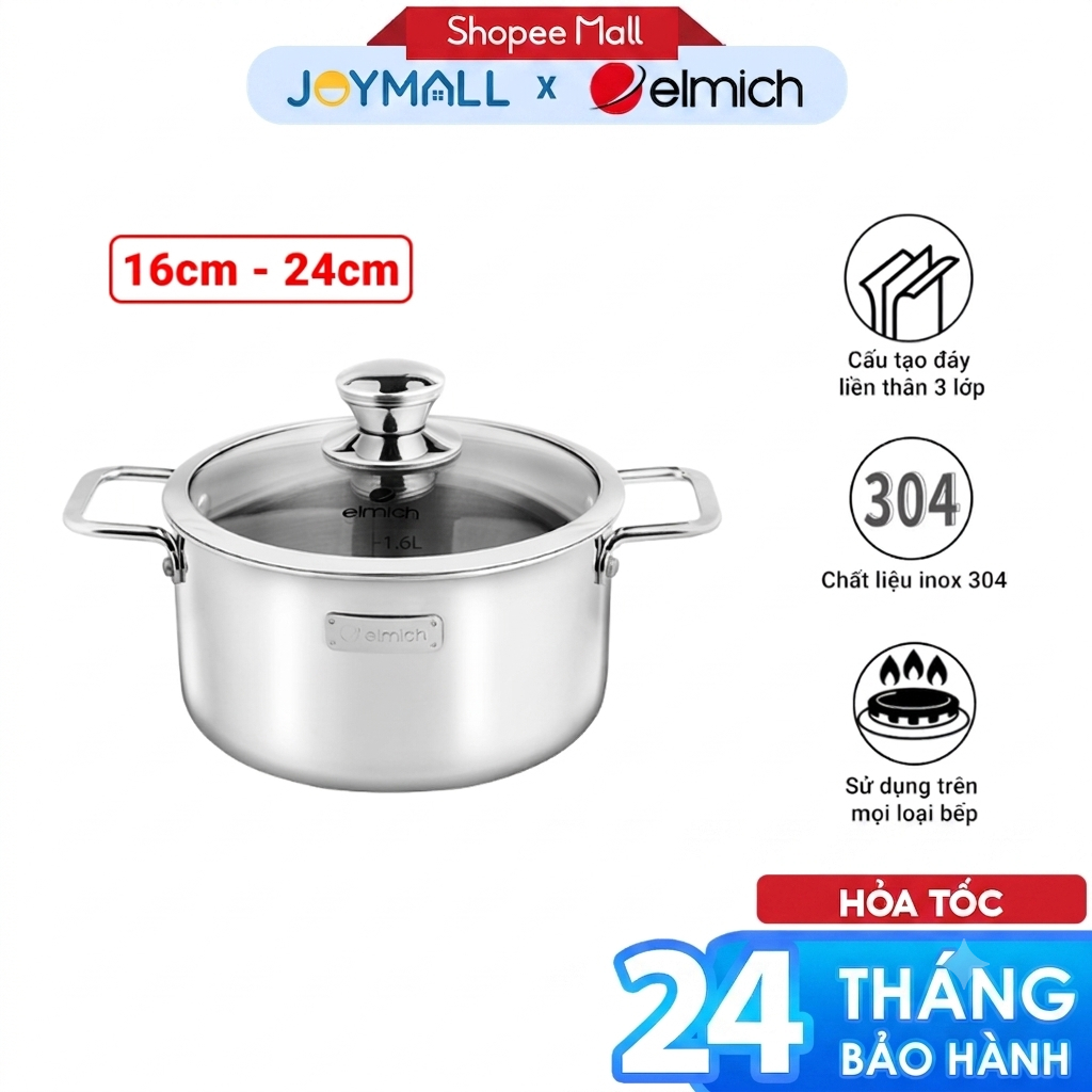 Nồi Inox 3 Lớp Đáy Liền Elmich Trimax classic 2405OL 16cm, 2408OL 24cm, Hàng Chính Hãng -JoyMall
