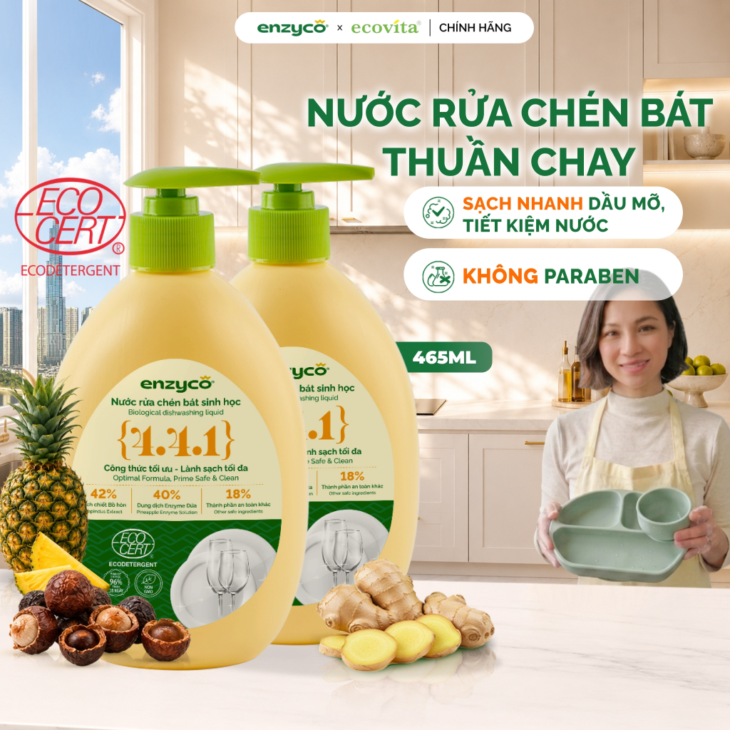 Combo 2 Chai Nước Rửa Chén Sinh Học ENZYCO 465ML, An Toàn Cho Đồ Em Bé
