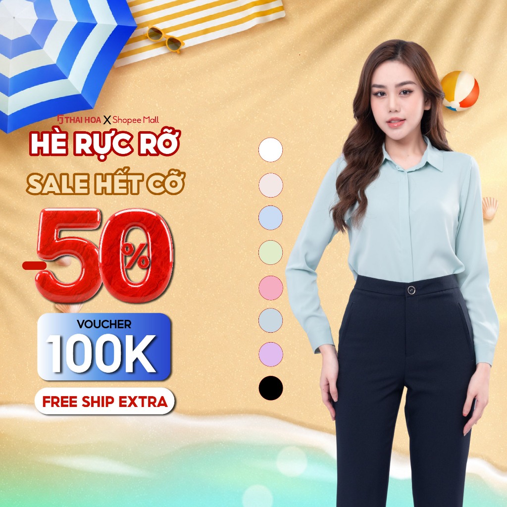 Áo sơ mi nữ R17 thiết kế dài tay sợi sen trơn form suông công sở Thái Hòa