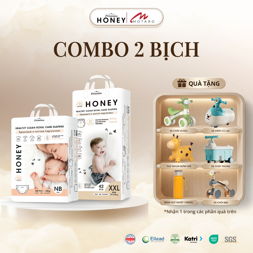 [2 BỊCH KÈM QUÀ] Bỉm Tã Dán Quần HONEY PREMIUM Mềm Mịn, Chống Tràn, Thấm Hút Tốt