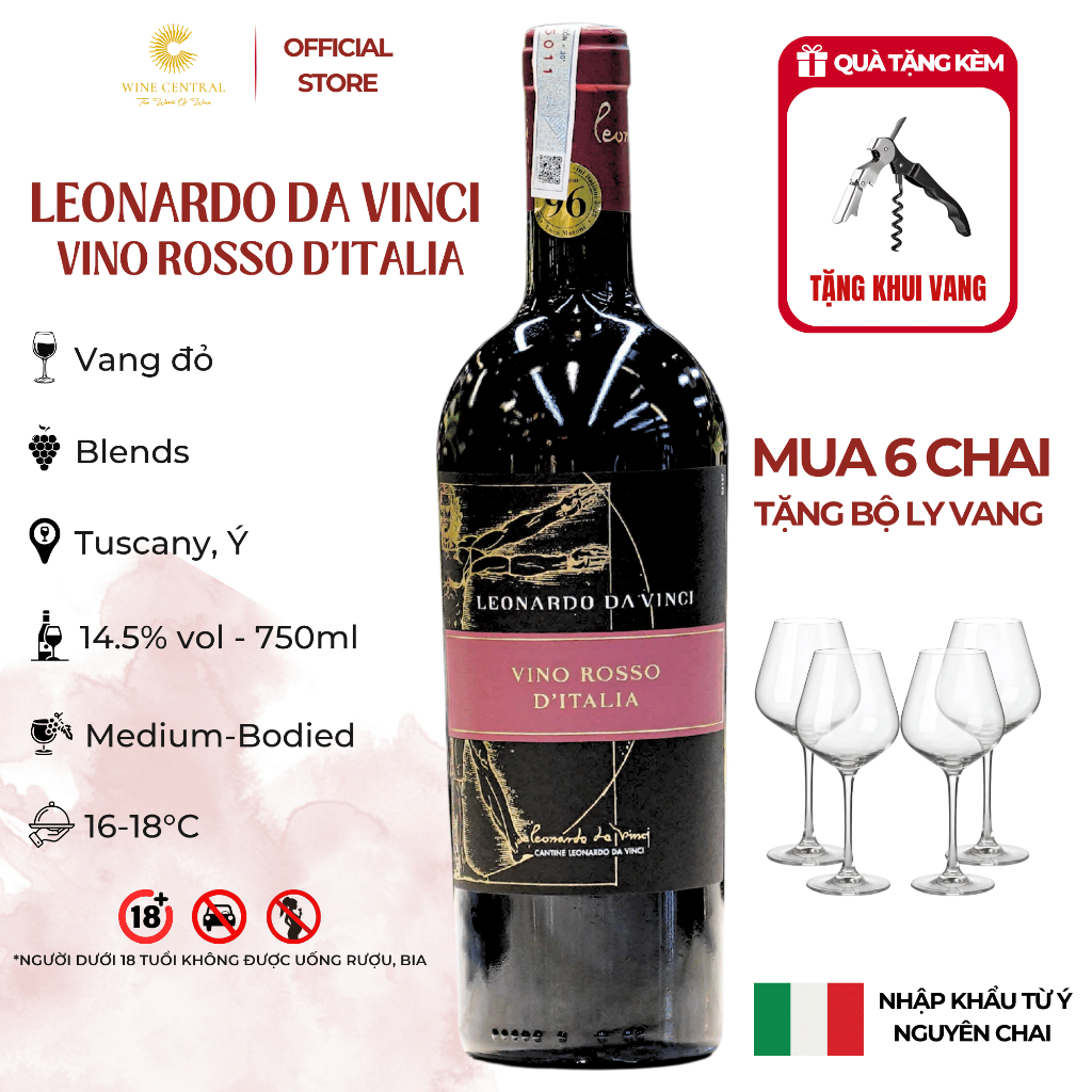 [Hỏa Tốc] - Rượu Vang Đỏ Ý (1502) Leonardo Da Vinci -Vino Rosso D'Italia 750ml (14,5%) - Vang Nhập K