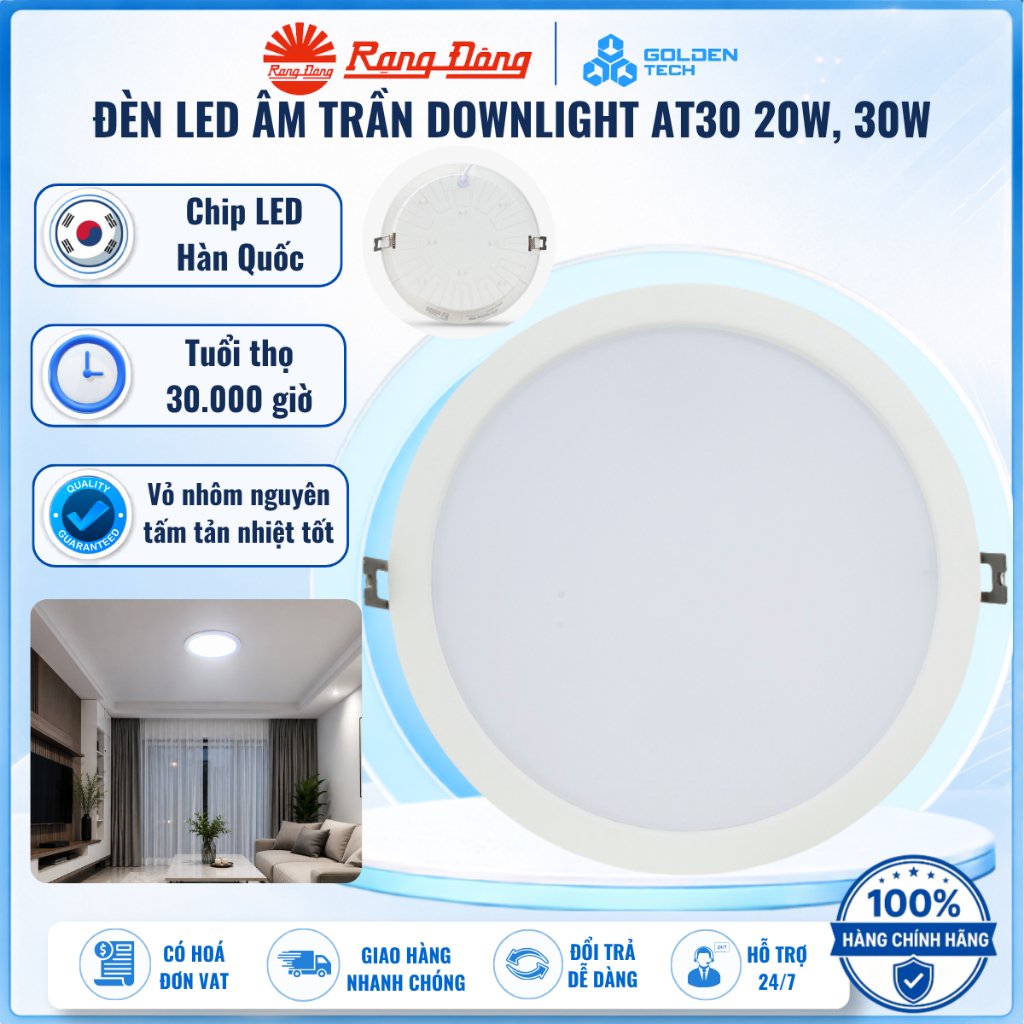 Đèn Led Downlight âm trần siêu sáng 20W, 30W vỏ nhôm tản nhiệt Rạng Đông Lỗ khoét 155mm, 195mm AT30