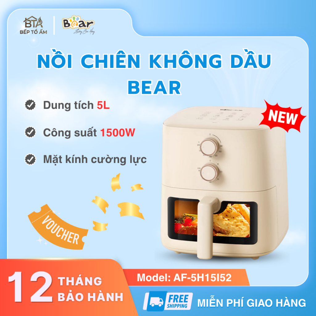 Nồi Chiên Không Dầu Bear 5L AF-5H15I52 Mặt Kính Trực Quan Theo Dõi Tiện Lợi Khối Lượng - Bếp Tổ Ấm