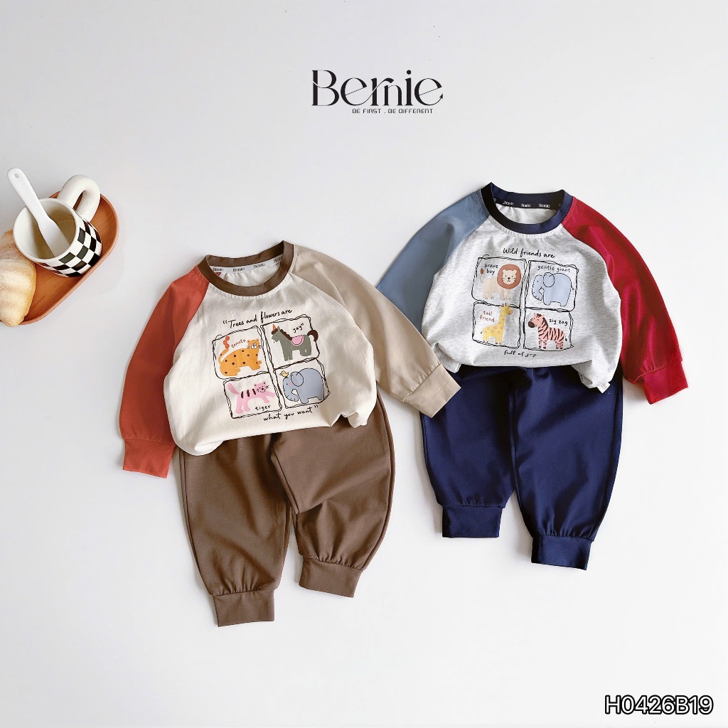 Bộ dài tay raglan puppy friends chất cotton mềm mại cho bé BERNIE KIDS