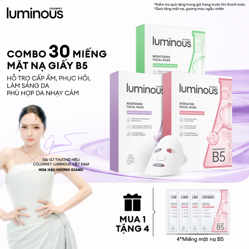 3 Hộp 3 Màu Mặt Nạ Giấy COLORKEY LUMINOUS Vitamin B5 Giúp Cấp Ẩm, Hỗ Trợ Làm Sáng Da 10 miếng
