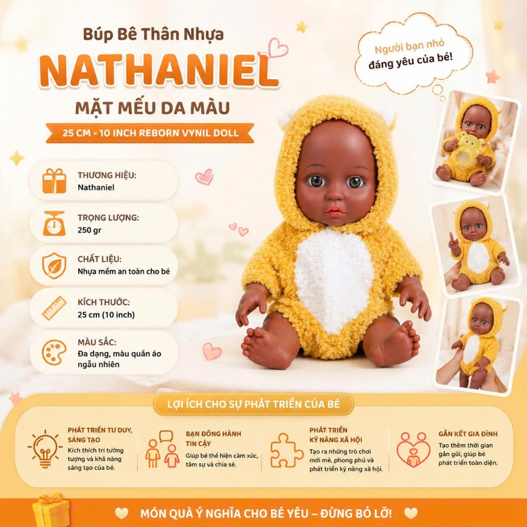 Búp Bê Thân Nhựa Nathaniel Mặt Mếu Da Màu 25 cm 10 inch Reborn Vynil Doll PVN6653