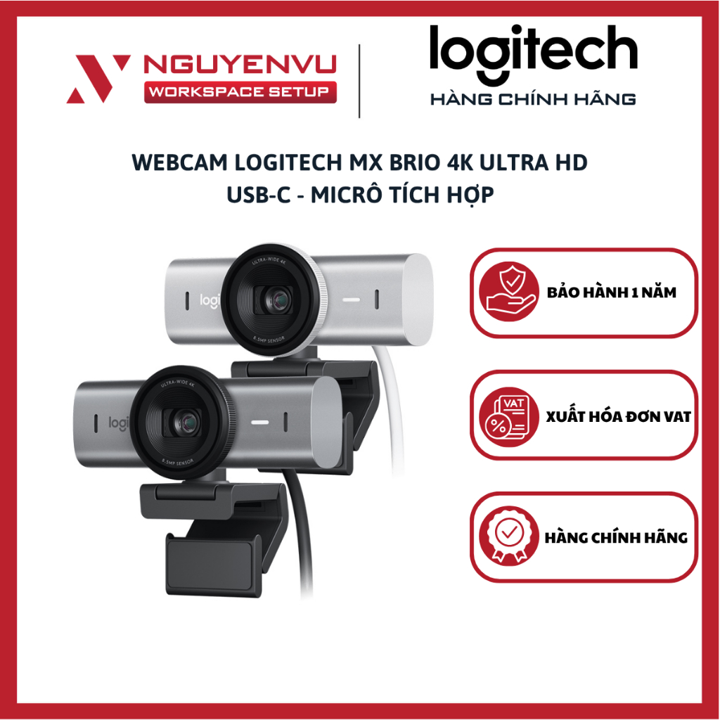 Webcam Logitech MX BRIO 4K Ultra HD USB-C - Micrô tích hợp - RightLight 5 - Hàng Chính Hãng