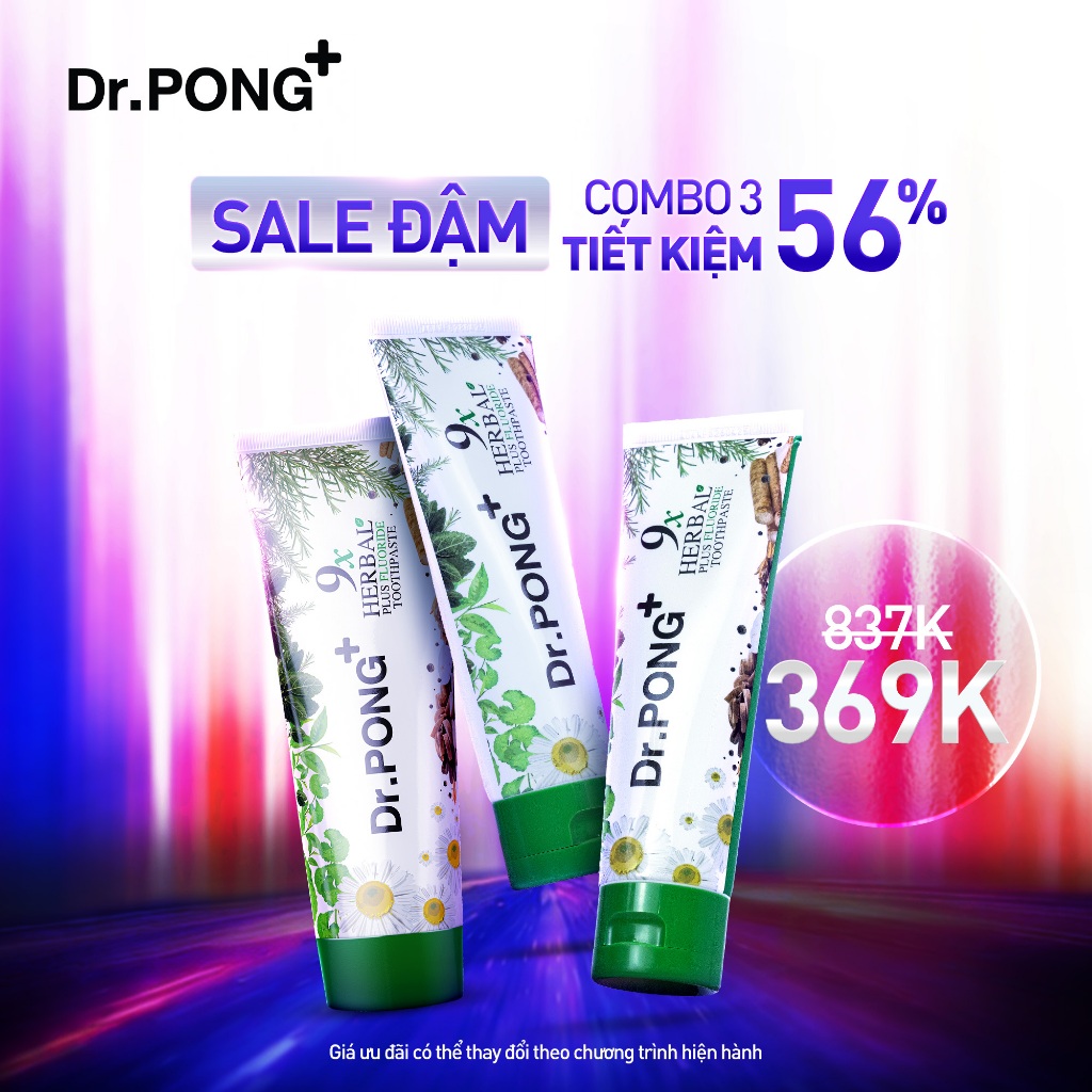 Kem đánh răng 9 loại thảo dược hỗ trợ  giảm mùi hôi miệng giúp răng trắng khỏe Dr.PONG 9x Herbal + F