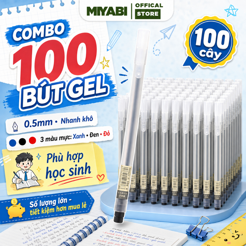 Combo 100 Bút gel 0.5mm bút mực gel ngòi kim bút gel khô nhanh học tiếng giá rẻ - MIABI STORE-c6