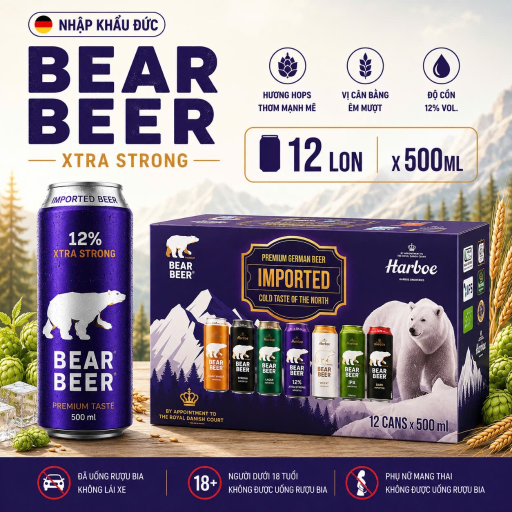 [ BIA ĐỨC NHẬP KHẨU ] Bia Gấu Bear Beer Xtra Strong 12% hộp 12 lon 500ML