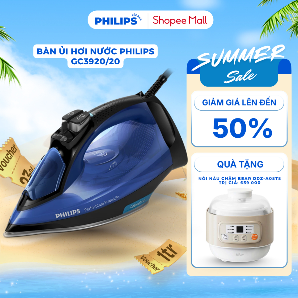 [TẶNG NỒI NẤU CHẬM] Bàn Ủi Hơi Nước PHILIPS GC3920/20 2500W Bàn Là Tự Điều Chỉnh Nhiệt Tự Ngắt Điện