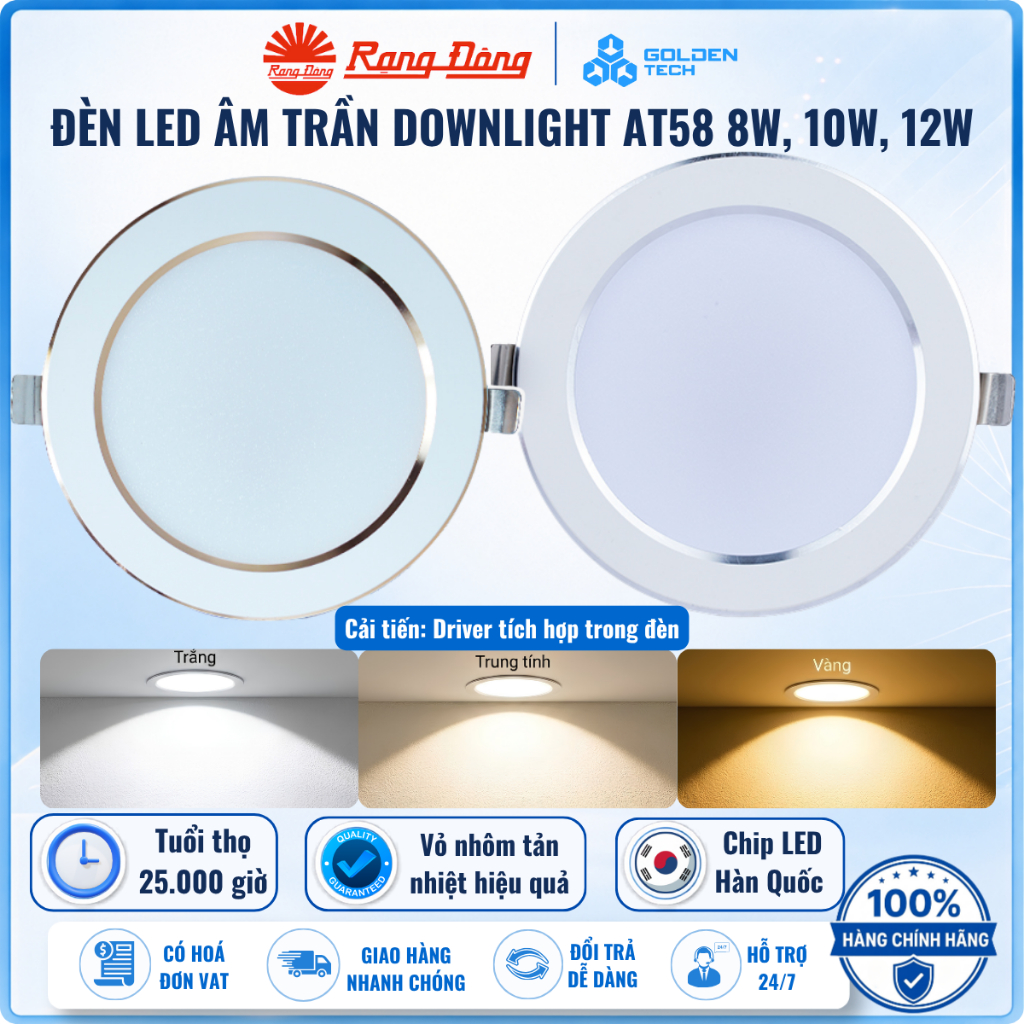 Đèn Led Downlight âm trần Rạng Đông Viền Vàng/Bạc, Driver Tích Hợp 8W, 10W, 12W Trắng, Đổi màu AT58