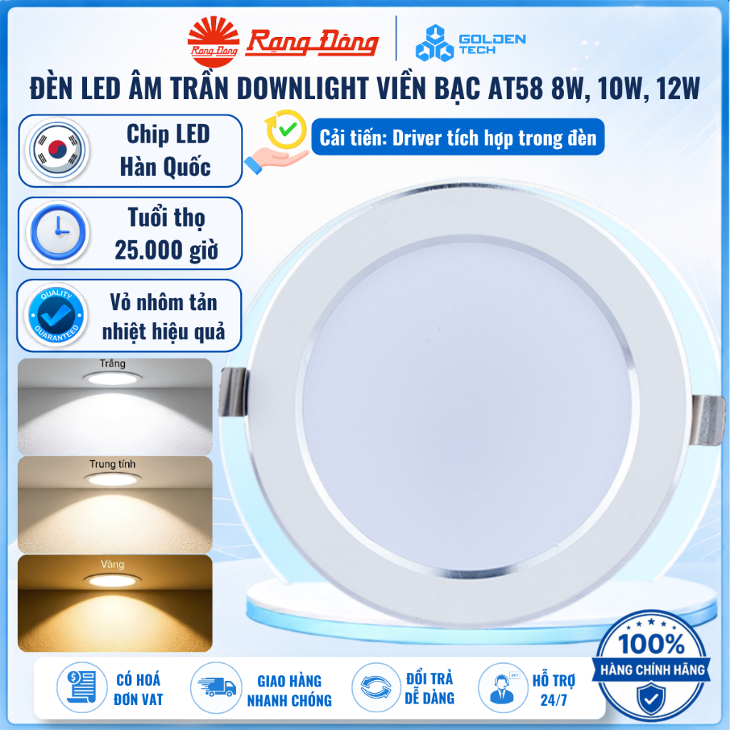 Đèn Led Downlight âm trần Rạng Đông Viền Bạc, Driver Tích Hợp 8W, 10W, 12W Sáng Trắng, Đổi màu AT58