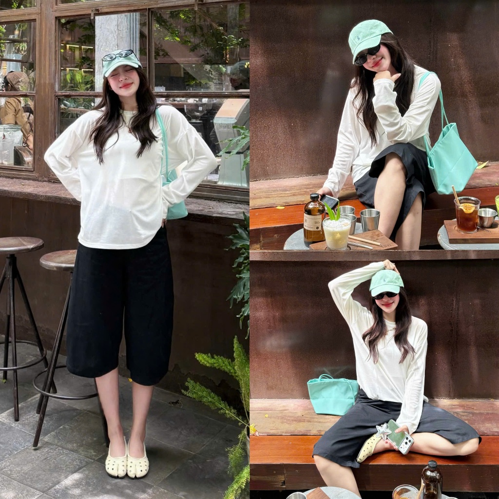 (TẶNG ÁO QUÂY) Set áo thun giấy mỏng tay dài oversized rộng phủ mông A187.02 Daily Top | BigBuy360 - bigbuy360.vn