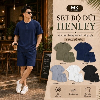 Set Bộ đồ Đũi Henley MK CLEVER Chất liệu Đũi Nhật mềm mịn thoáng mát, chống nhăn, form rộng hằng ngày