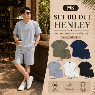 Set Đồ Bộ Đũi Henley MK CLEVER Chất liệu Đũi Nhật mềm mịn thoáng mát, chống nhăn, form rộng hằng ngày