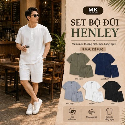Set Đồ Bộ chất liệu Đũi Henley MK CLEVER vải mềm mịn thoáng mát, chống nhăn, form rộng hằng ngày