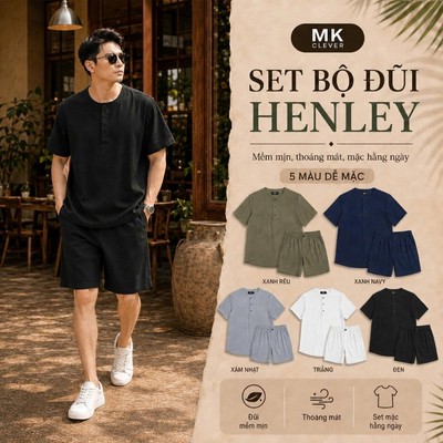 Set Đồ Bộ Đũi Nhật Henley MK CLEVER Chất liệu Đũi Nhật mềm mịn thoáng mát, chống nhăn, form rộng hằng ngày