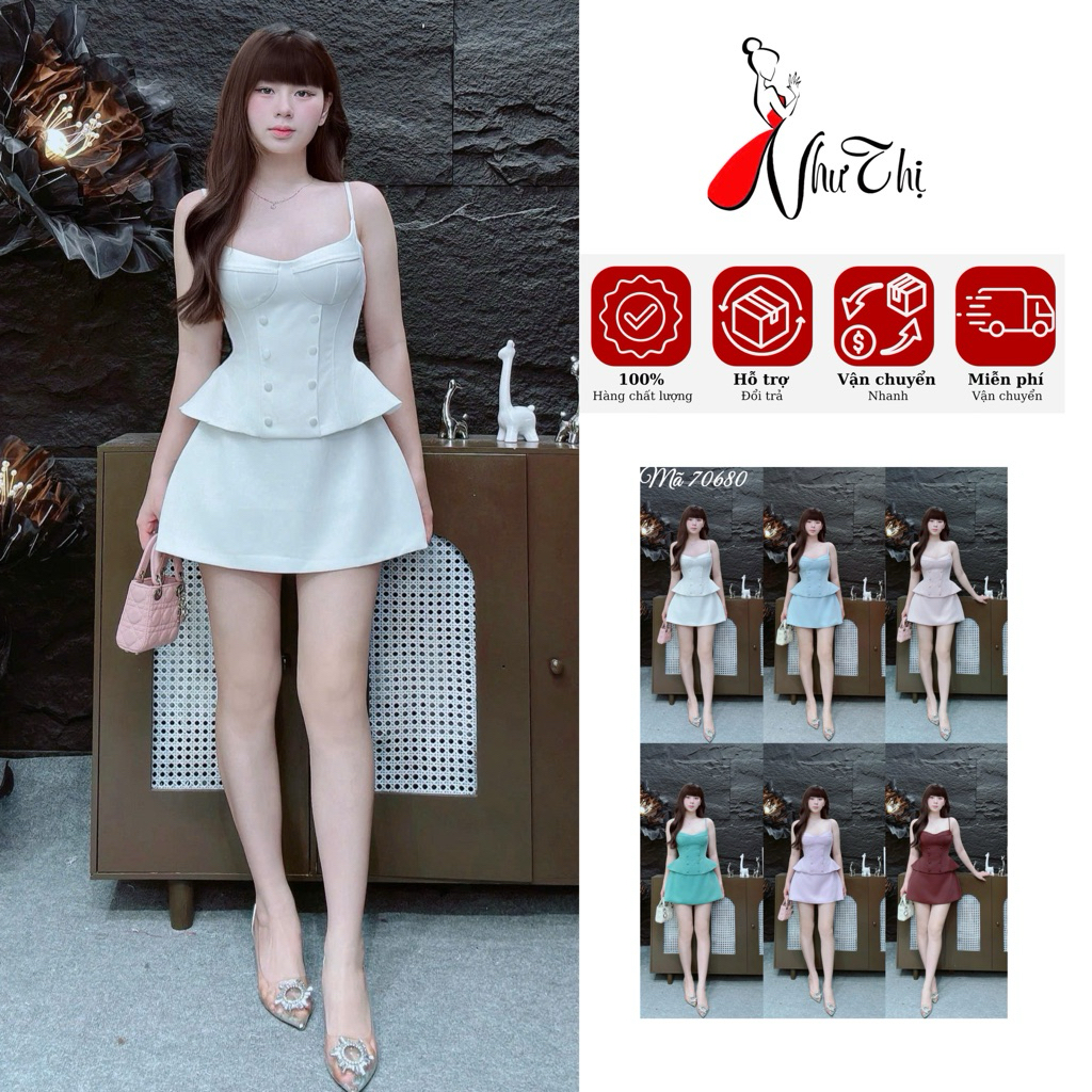 C236 Sét áo hai dây đính nút + chân váy ngắn chữ A