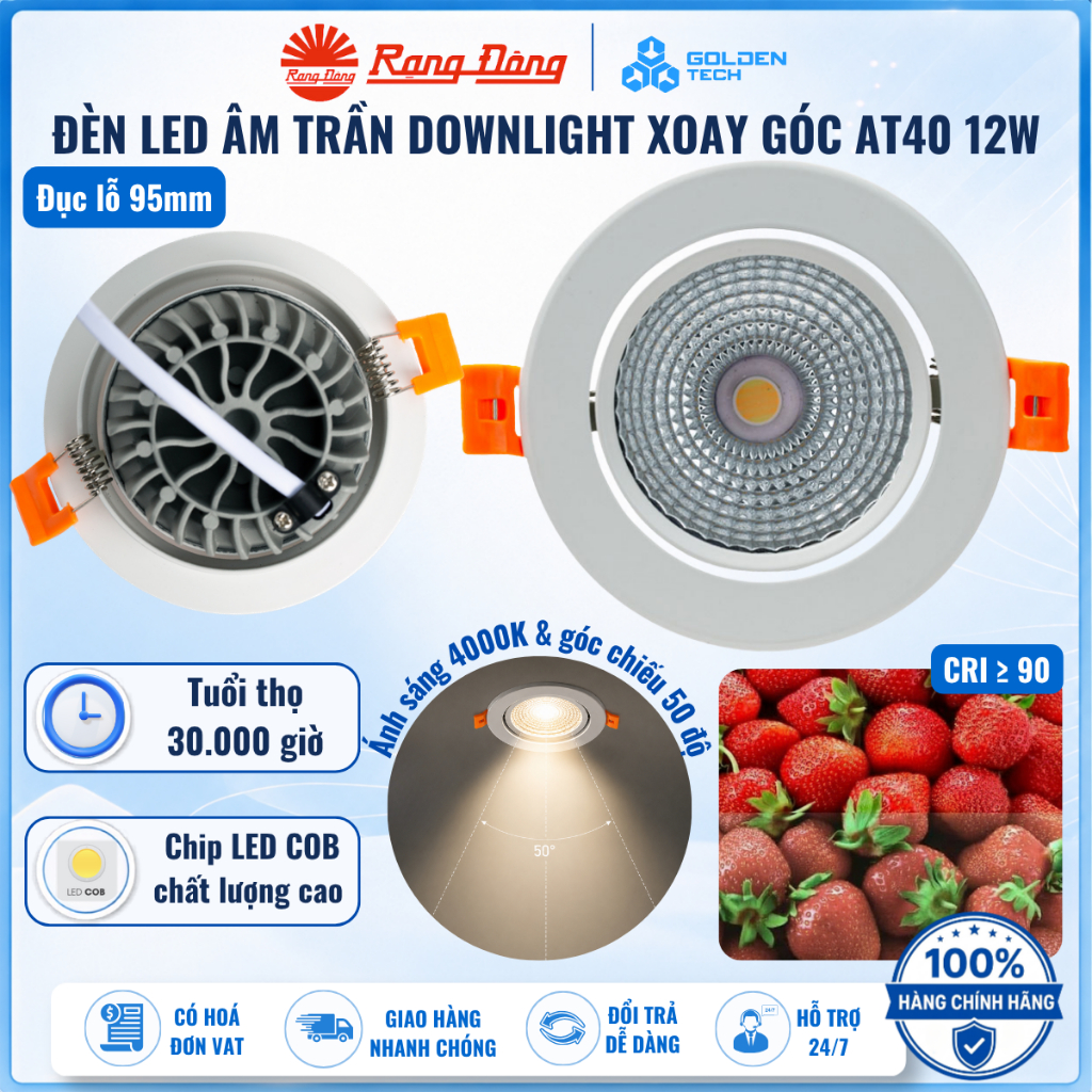 Đèn Led Âm Trần Xoay Góc Chiếu Điểm Rạng Đông 12w Lỗ Khoét Trần Phi 95 MODEL AT40 95/12W