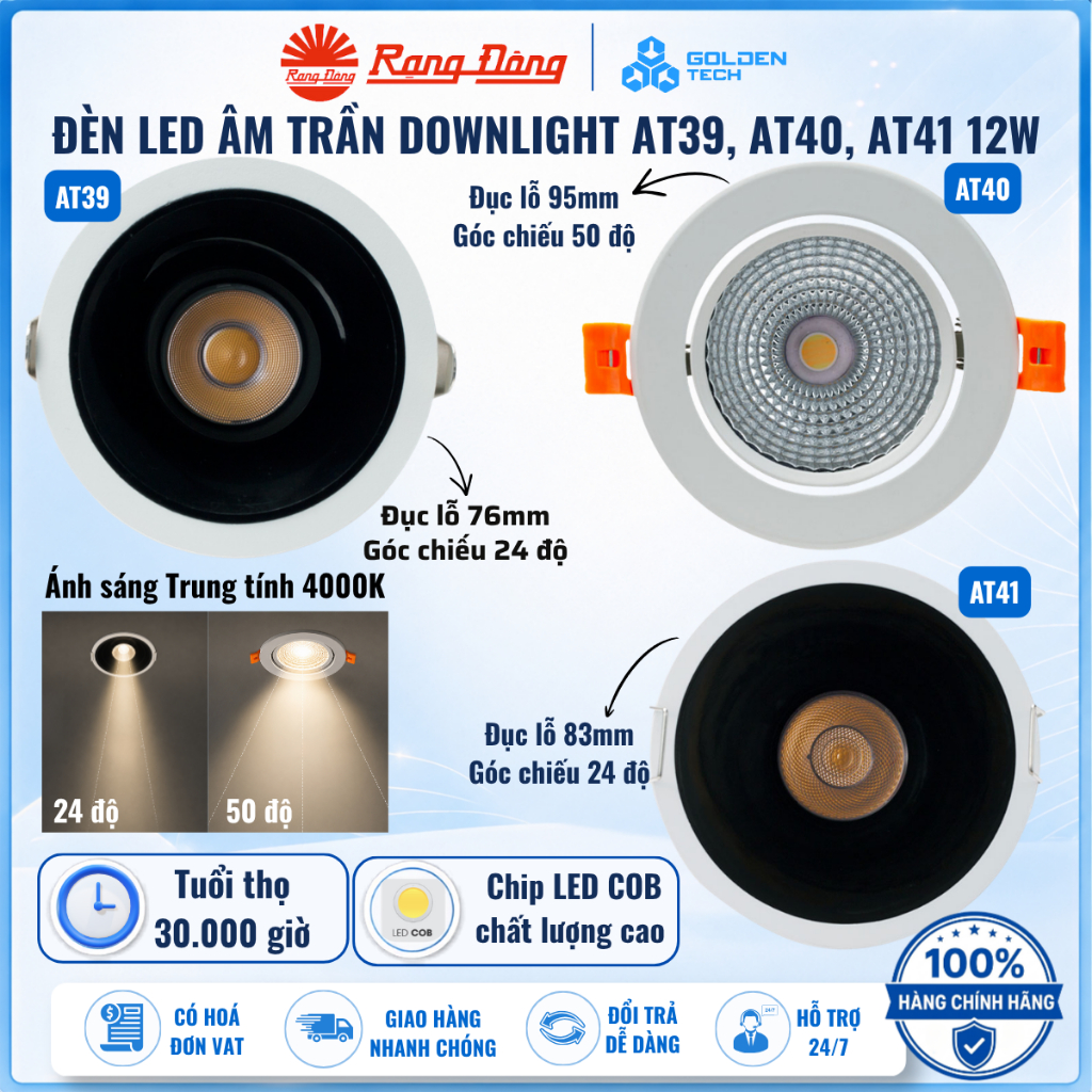 Đèn LED Âm Trần Spotlight Chiếu Điểm 12W 4000K (Góc 24°/50°) Chuyên Decor - Rạng Đông AT39 AT40 AT41
