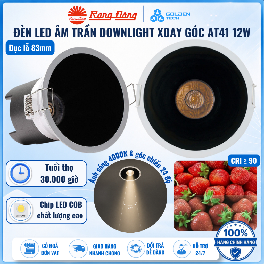 Đèn LED Spotlight âm trần chiếu điểm - Góc chiếu 24 độ, Lỗ 83mm Sáng trung tính 4000K Rạng Đông AT41