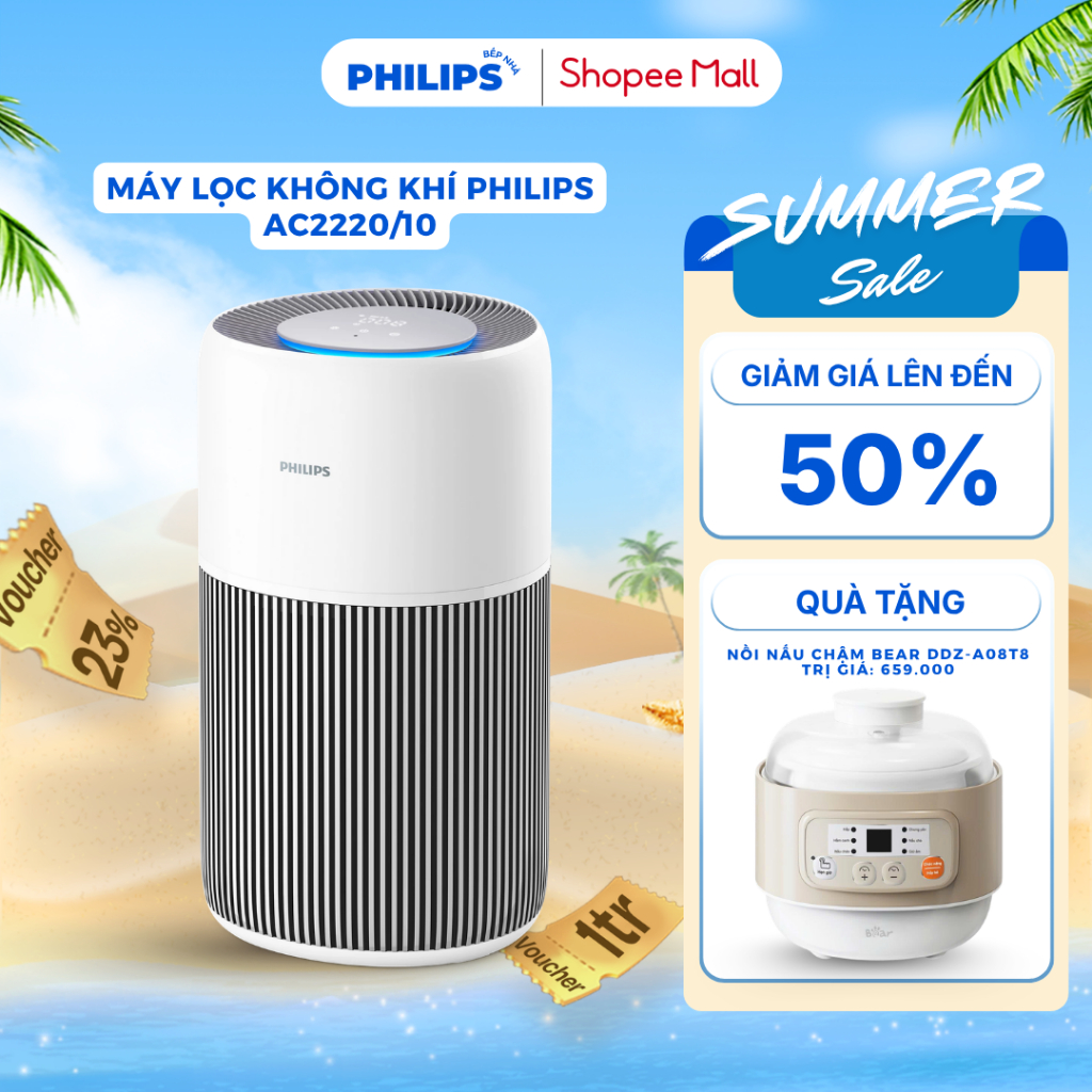 [TẶNG NỒI NẤU CHẬM] Máy Lọc Không Khí PHILIPS AC2220/10 (28W) Loại Bỏ Các Chất Gây Ô Nhiễm