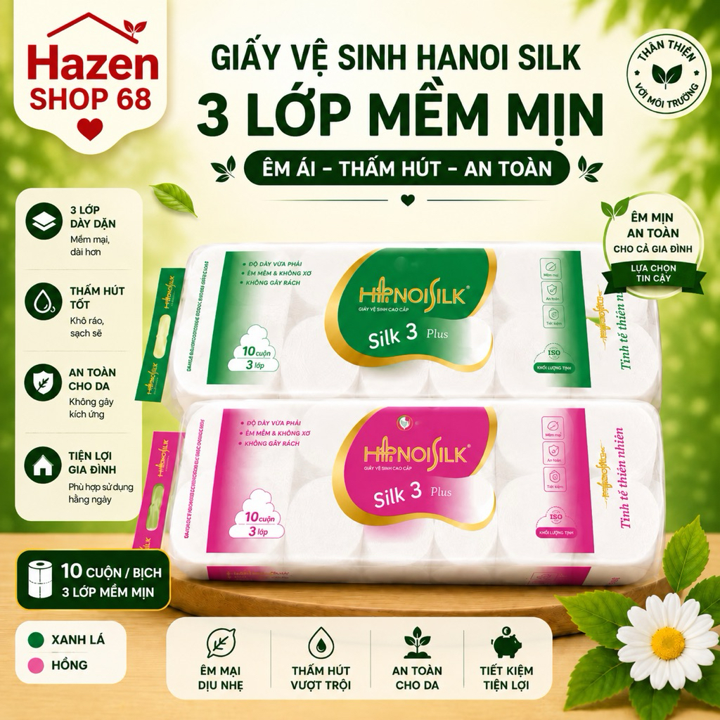 Giấy Vệ Sinh Hanoi Silk Xanh Lá/Hồng 3 Lớp 10 Cuộn/Bịch - Siêu dai, mềm mịn, tan nhanh