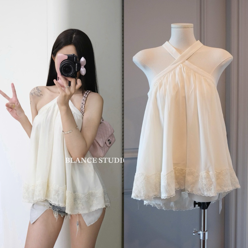 𝐁𝐋𝐀𝐍𝐂𝐄 𝐒𝐓𝐔𝐃𝐈𝐎 ♡ Váy buộc cổ yếm ren lụa mềm