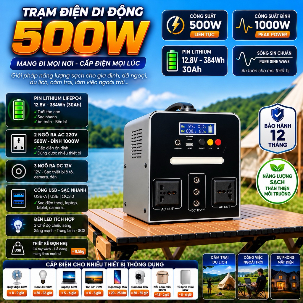 Trạm Điện Di Động 500W 30Ah Trạm Sạc Dự Phòng Cúp Điện Pin LiFePO4 Du Lịch Cắm Trại Bảo Hành 12 Thán