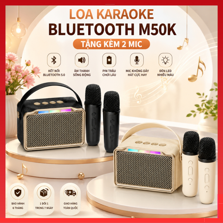 Loa bluetooth karaoke mini M50K / K12 phiên bản mới kèm 2 micro không dây , âm thanh hay , bass sắc 
