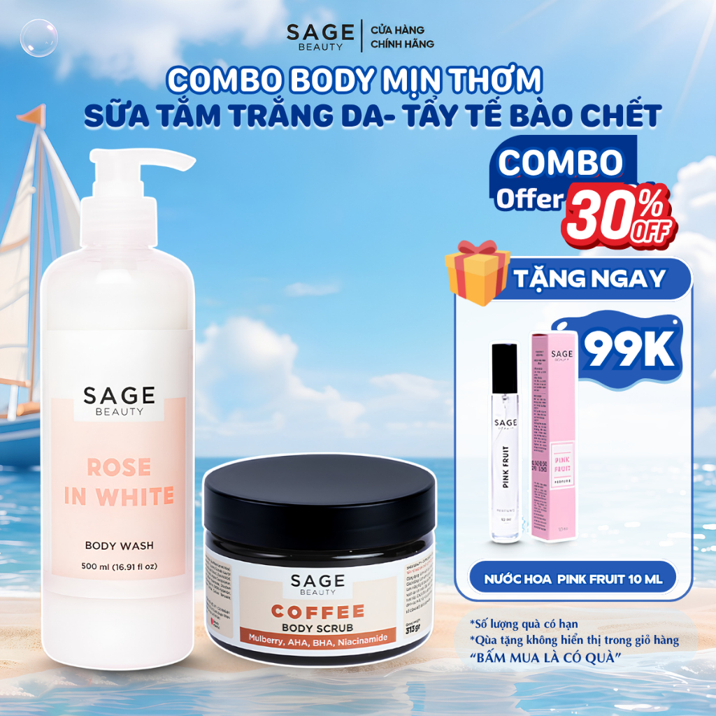 Combo Sữa Tắm Hương Nước Hoa SAGE BEAUTY 500ml & Tẩy Tế Bào Chết Cơ Thể 265gr