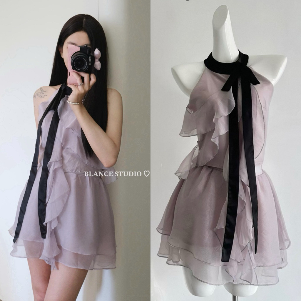 𝐁𝐋𝐀𝐍𝐂𝐄 𝐒𝐓𝐔𝐃𝐈𝐎 ♡ Set sát nách tím ren dây nơ đen