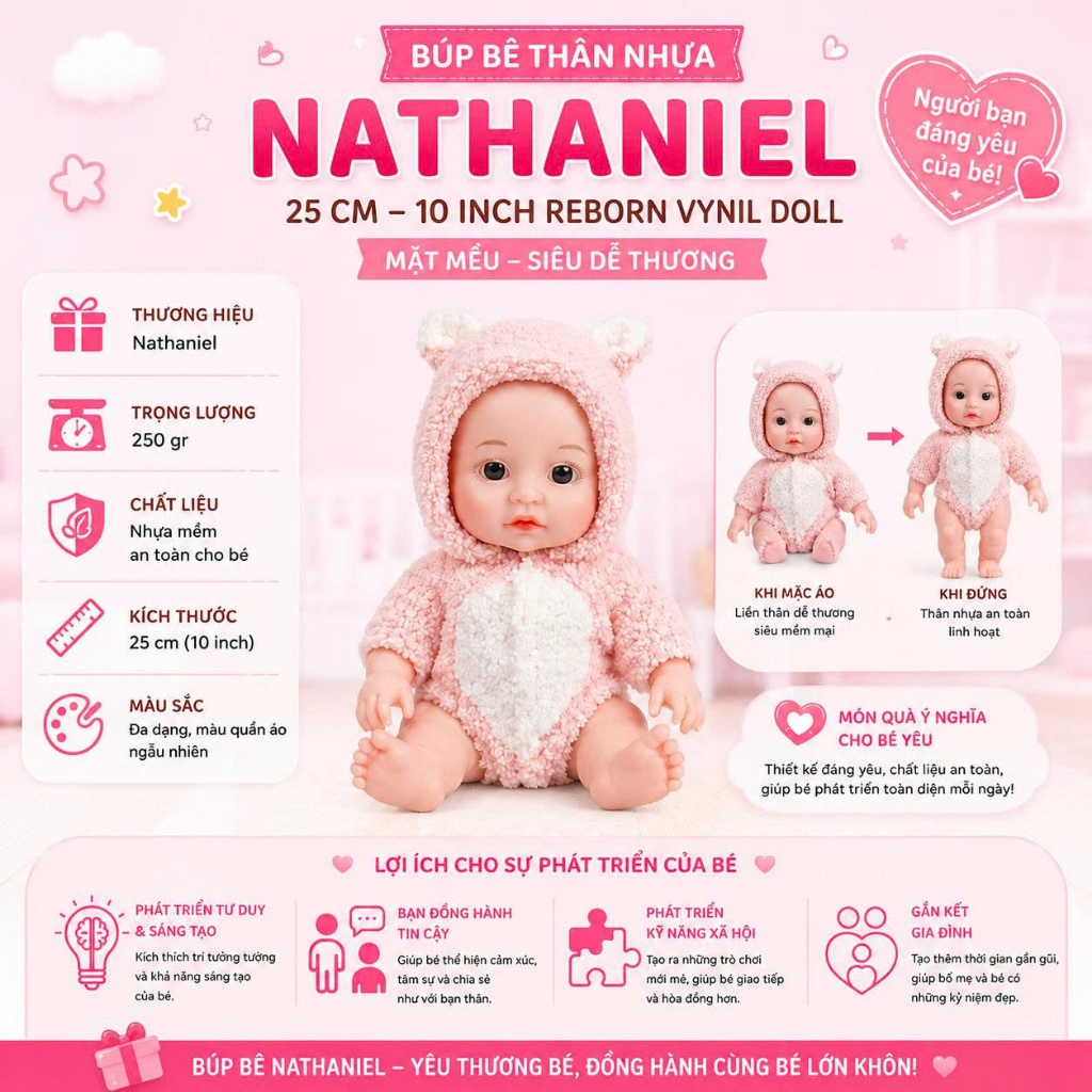 Búp Bê Reborn Nhựa Nathaniel Mếu 25 cm 10 inch Reborn Vynil Doll PVN5536