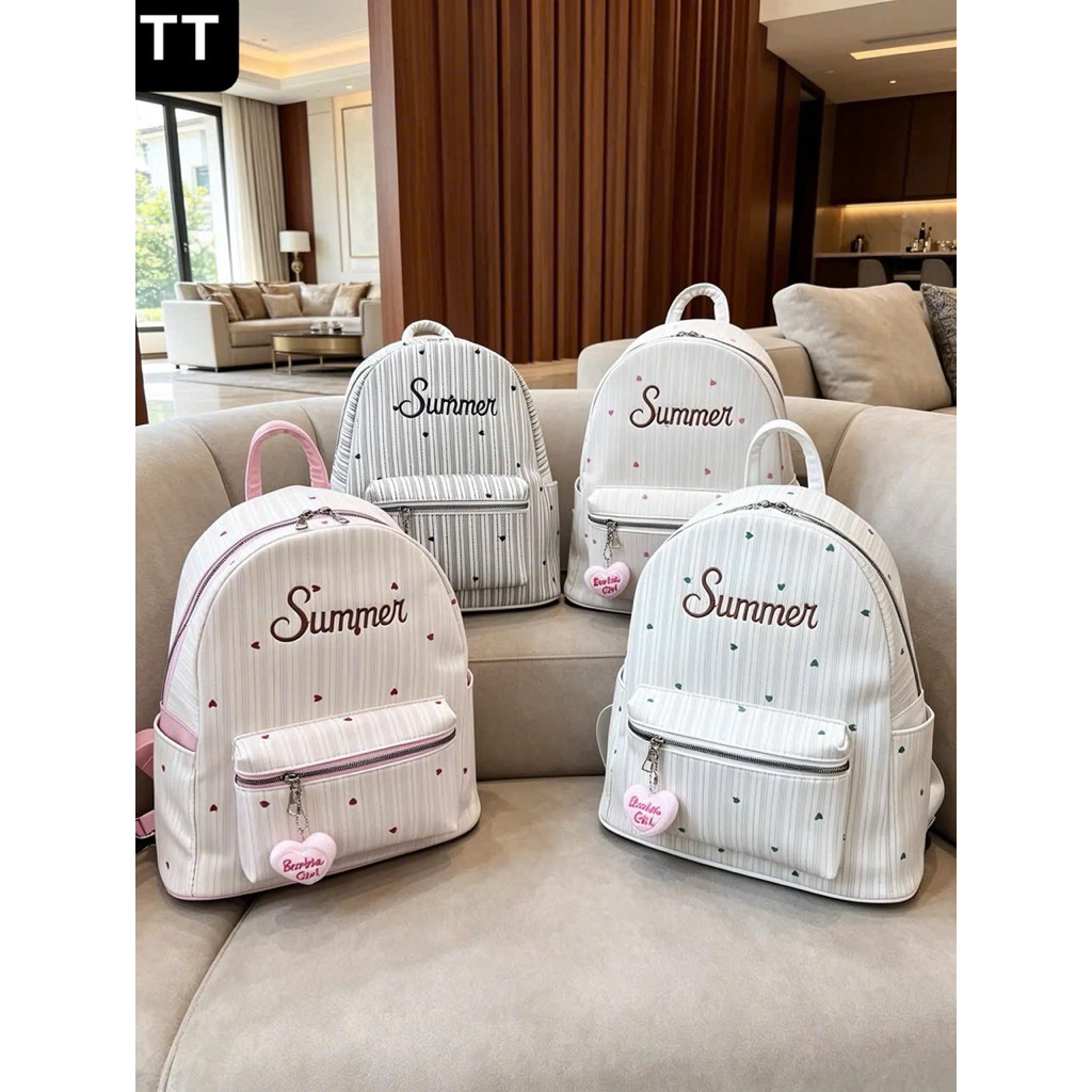 Balo Nữ Summer Kẻ Sọc Chấm Tim Kèm Móc Treo Barbie Girl– Balo Đi Học, Đi Chơi T854